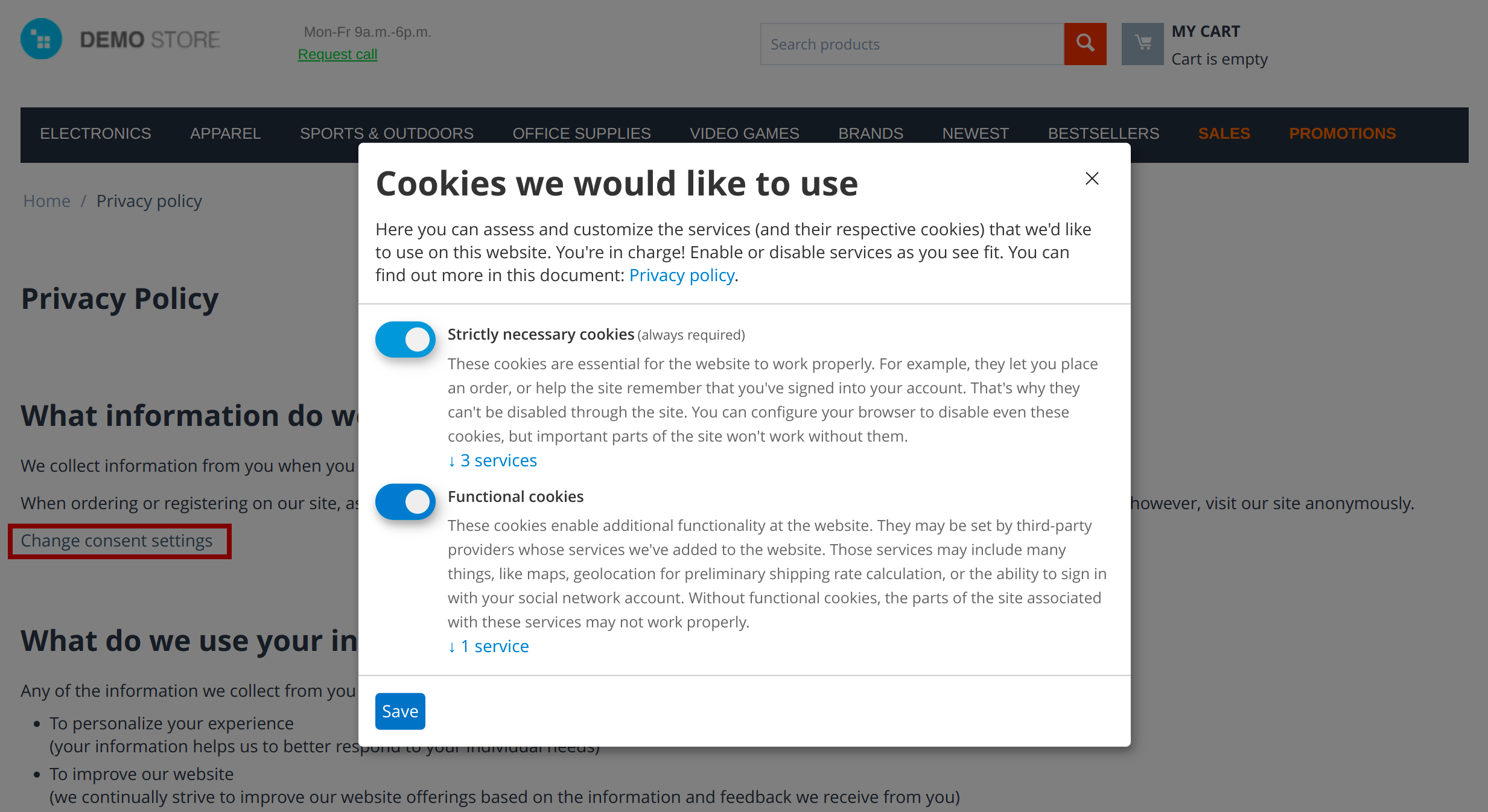 Changing cookie consent settings.