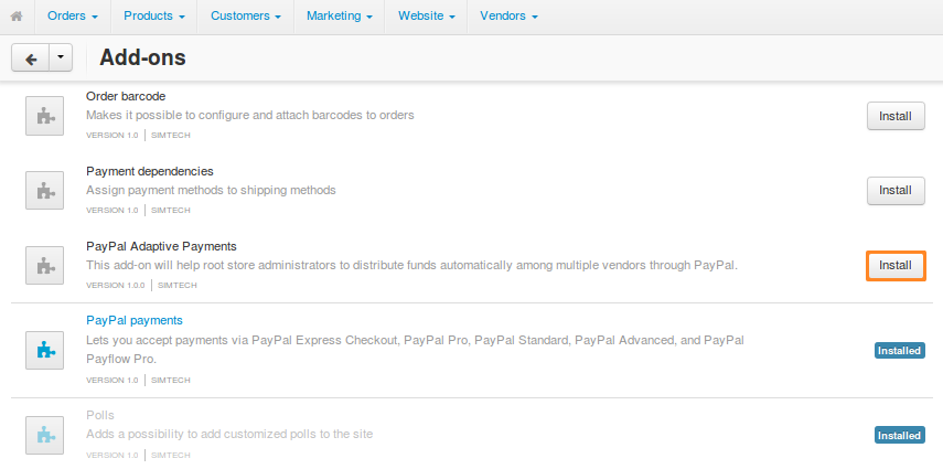 Find and install the PayPal Adaptive Payments add-on.