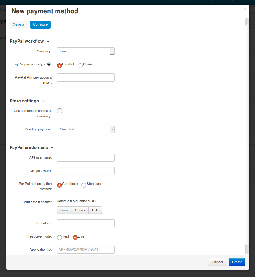 The general settings of a PayPal Adaptive payment method.