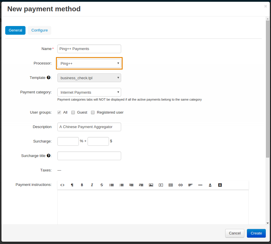 Creating a payment method for Ping++.