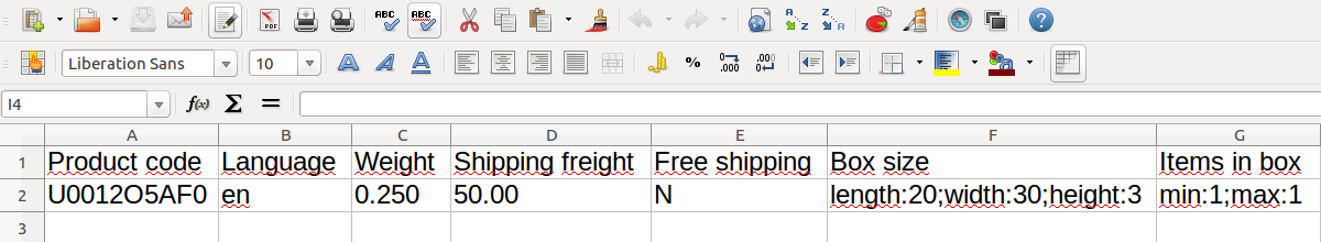 The product's shipping properties in a CSV file.