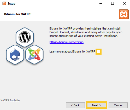 Untick the Learn more about Bitnami for XAMPP checkbox