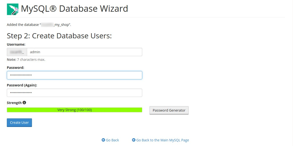 Creating a user with MySQL Database Wizard