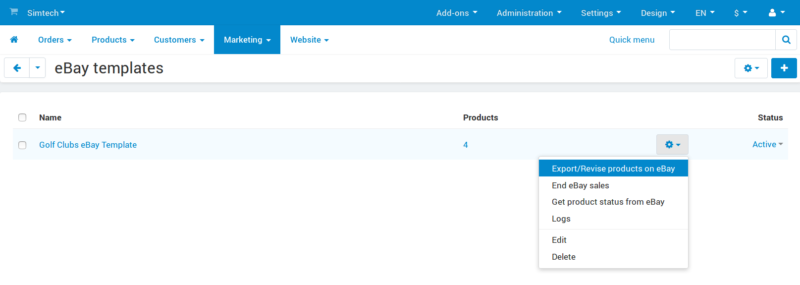 Select the template to export or revise, then click Export/Revise products on Ebay.