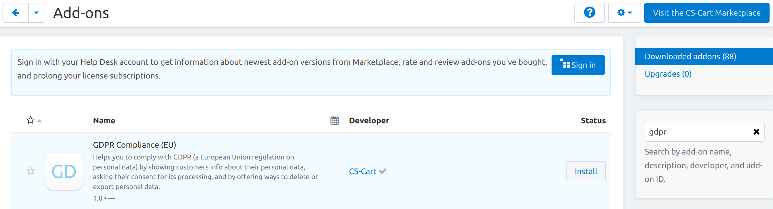 The GDPR Compliance add-on first appeared in CS-Cart and Multi-Vendor 4.7.4.