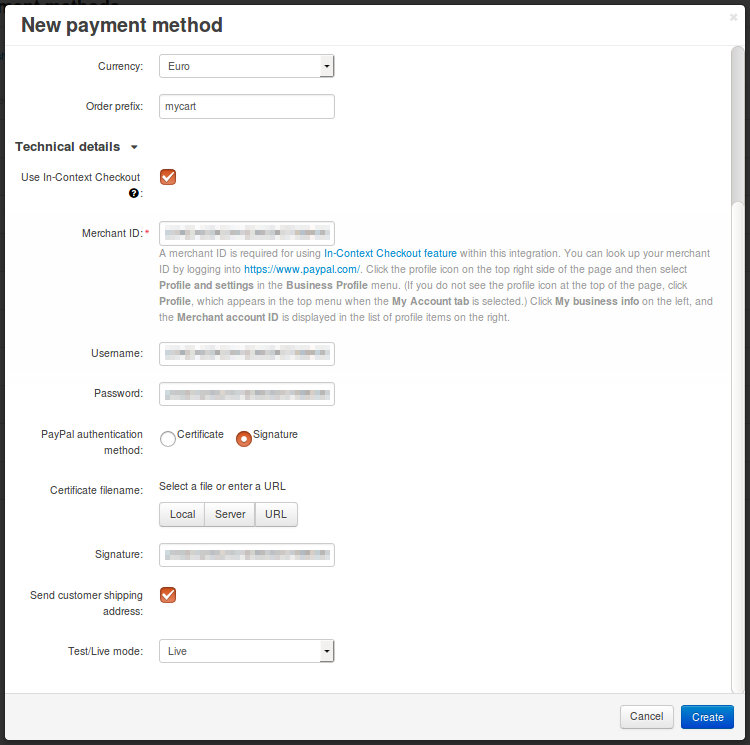 Configuring technical details of PayPal Express Checkout.