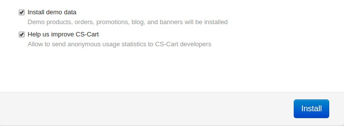 Choose if you want to install demo data and send anonymous statistics to CS-Cart developers.