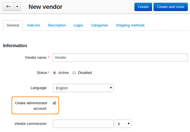 You can create an administrator account for the vendor by ticking the corresponding checkbox.