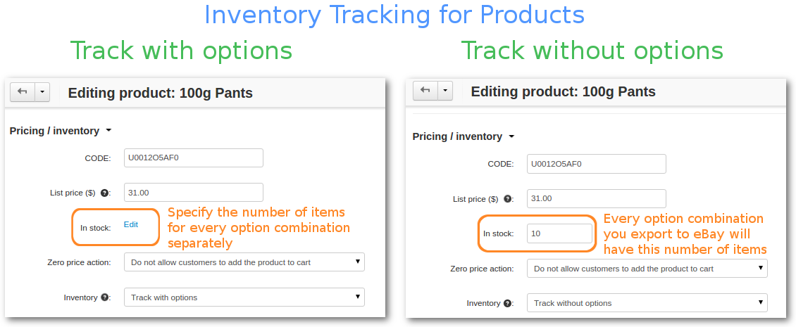 If you don't track a the number of items for every option combination of a product, all option combinations will have the same number of items when exported to eBay.