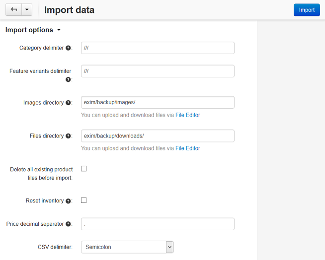 The product import settings in CS-Cart.