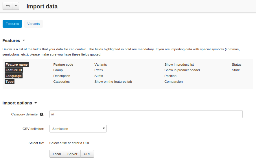 Different types of data have different imported fields and required settings.