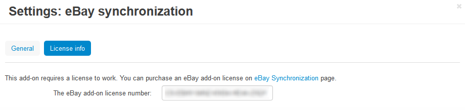 Enter the license number of eBay synchronization add-on.