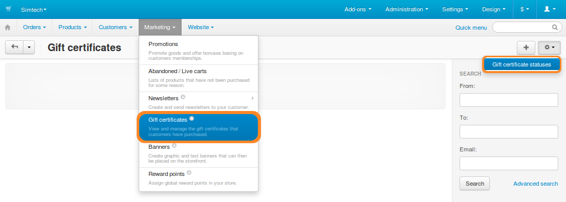 Go to "Administration → Gift certificate statuses" for the list of available statuses.