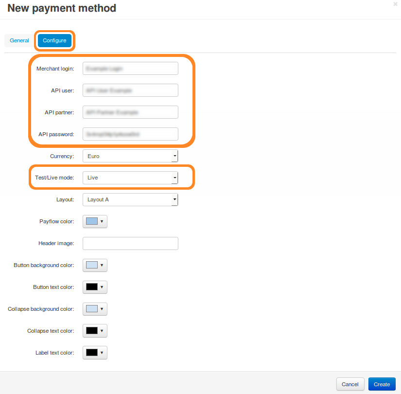 Enter your PayPal Payments Advanced credentials and set the mode to Test, then click Create.