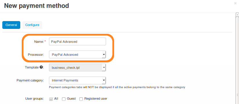 Name your payment method and set PayPal Advanced as processor.