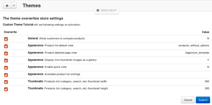 A theme displays the list of changed settings before activation.