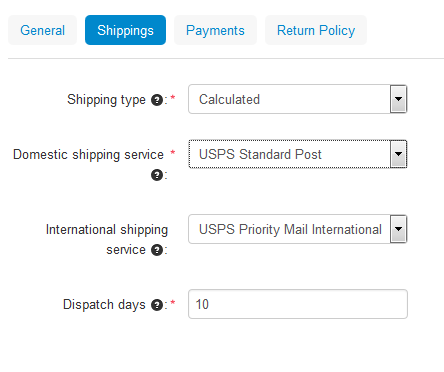 Choose the shipping type, your shipping service, and specify the delivery time on the Shippings tab.