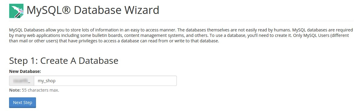 Naming a database in MySQL Database Wizard