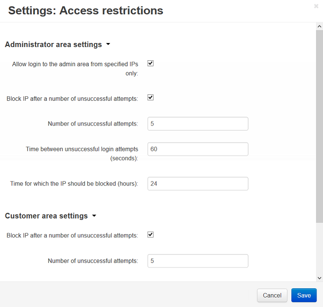 The Access restrictions add-on settings