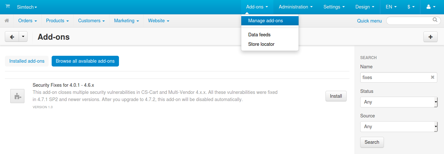 Installing an add-on in the admin panel of CS-Cart.