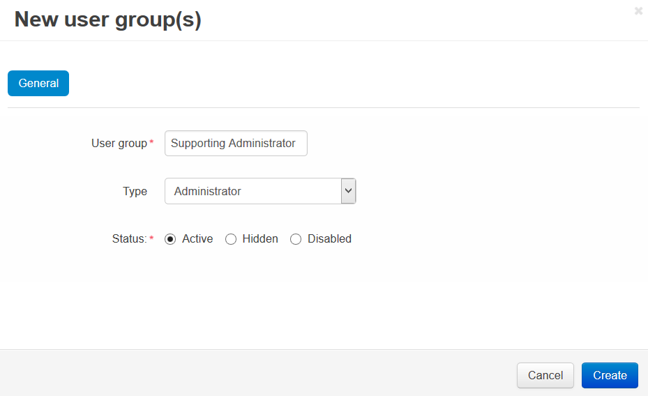 Specify the name and the type of the new user group.