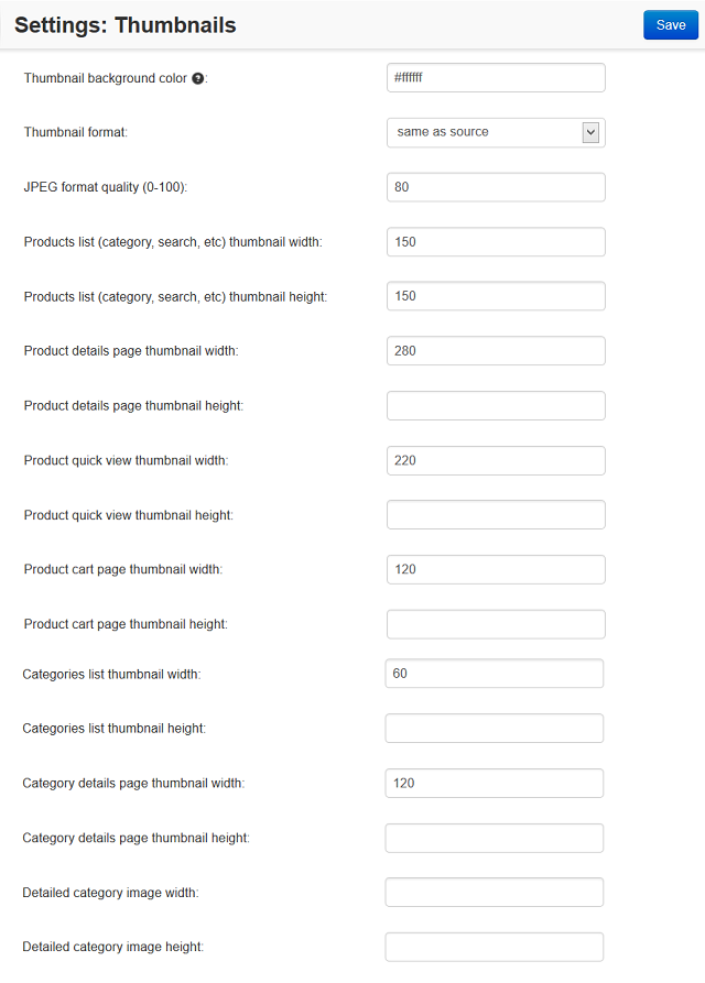 Fill in the fields in the Thumbnails settings to specify thumbnail size on various pages.