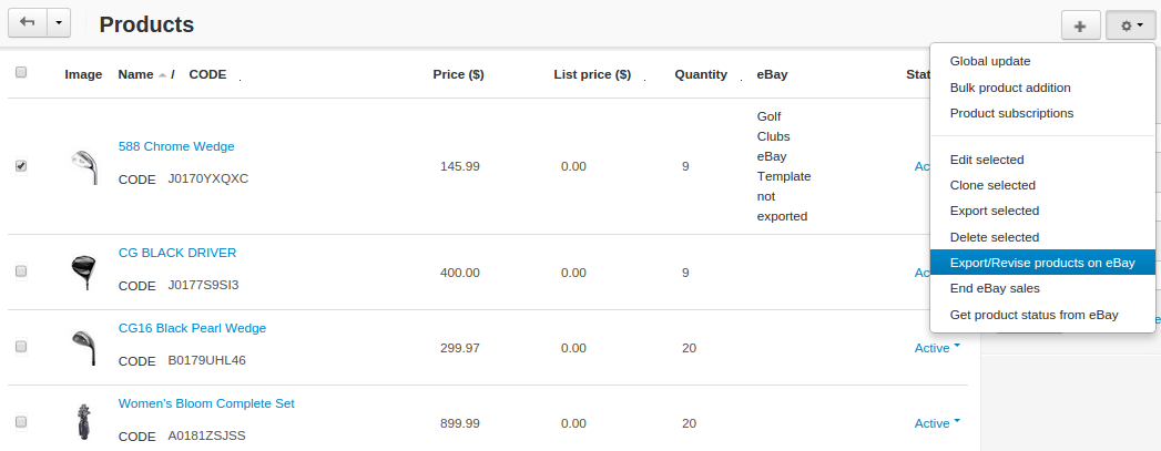 Select the products to export or revise, then click the gear button and choose Export/Revise products on eBay.