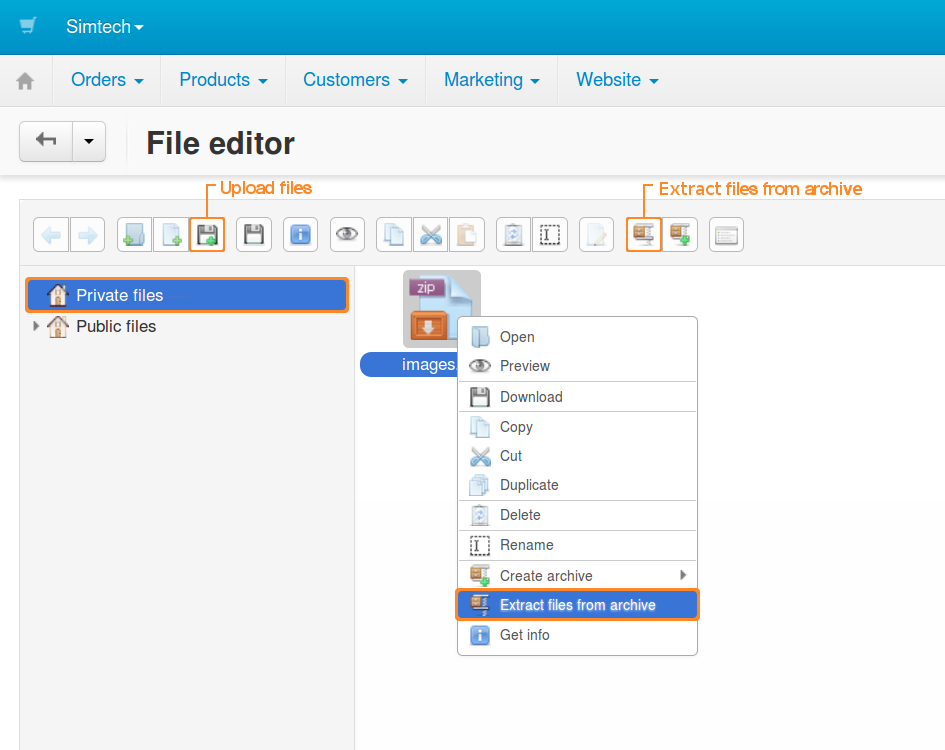CS-Cart file editor supports drag-and-drop. Actions can be performed via buttons at the top or via the context menu.