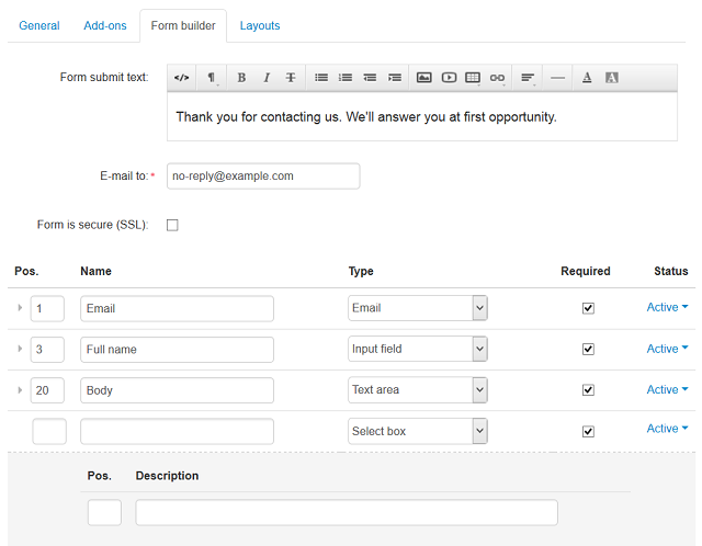 Use the Form Builder tab to create and edit forms.