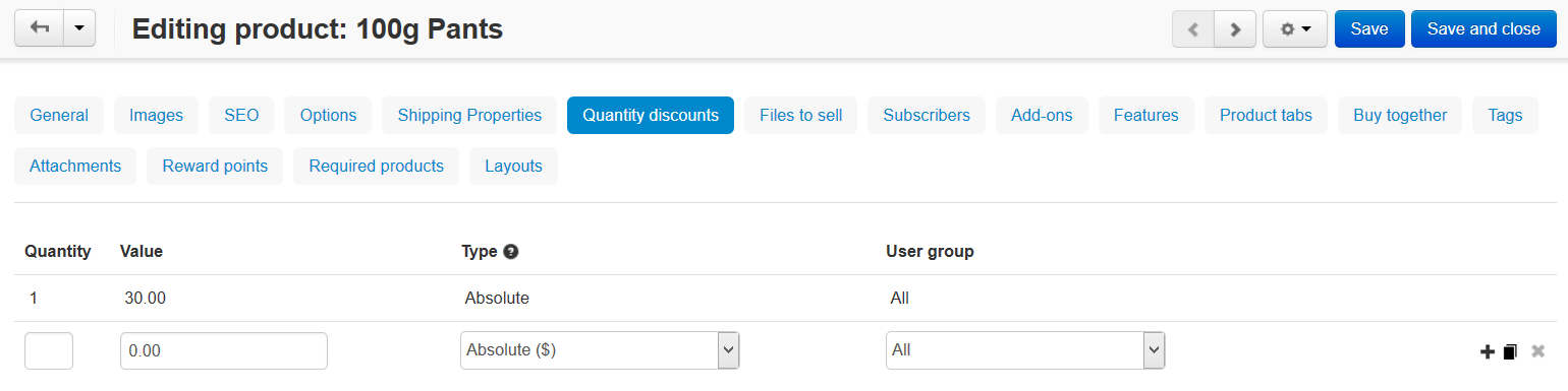 Configuring quantity discounts in CS-Cart.