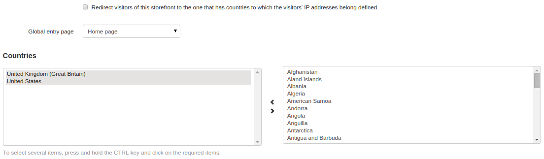Assign regions and countries to the storefront for the global entry point to redirect visitors choosing those regions and countries to the specified storefront.