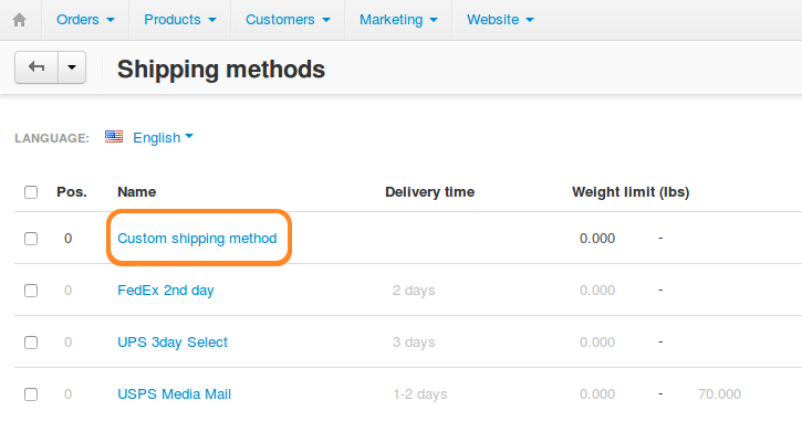 Find the desired shipping method on the list and click the name of that method.