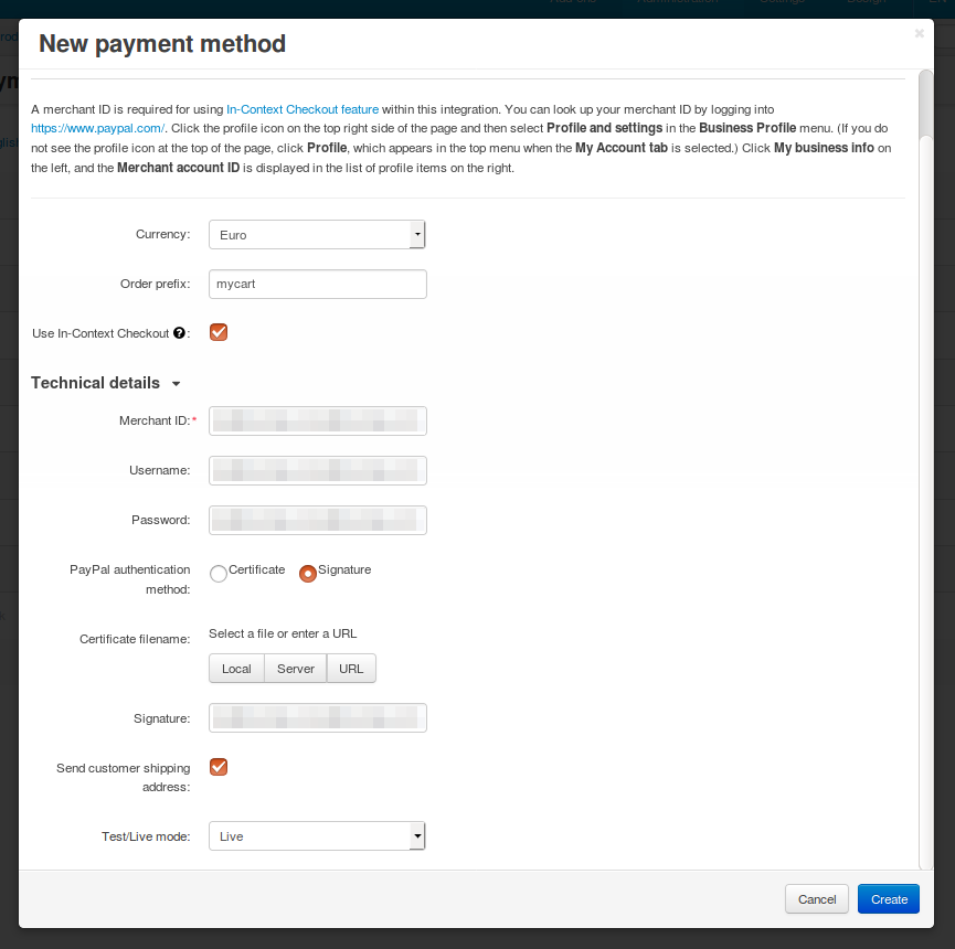 Configuring PayPal Express Checkout settings.