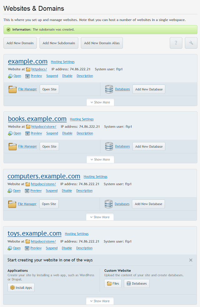 The Websites and Domains tab has the list of your existing subdomains.