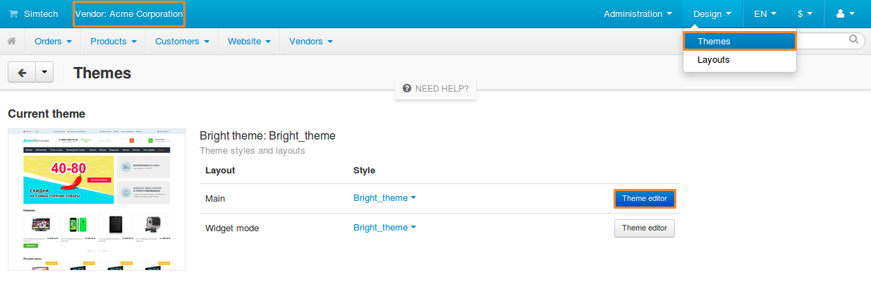 Go to Design → Themes and click the Theme Editor button.
