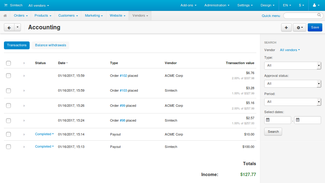 The Accounting page in Multi-Vendor.