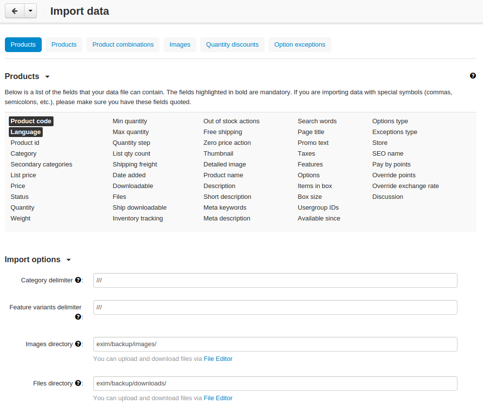 The product import page.