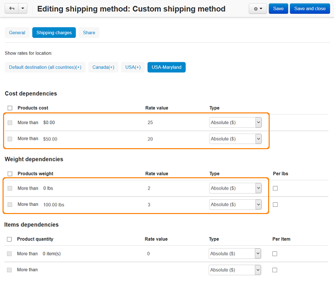 Making a shipping rate depend on cost and weight of an order in CS-Cart.