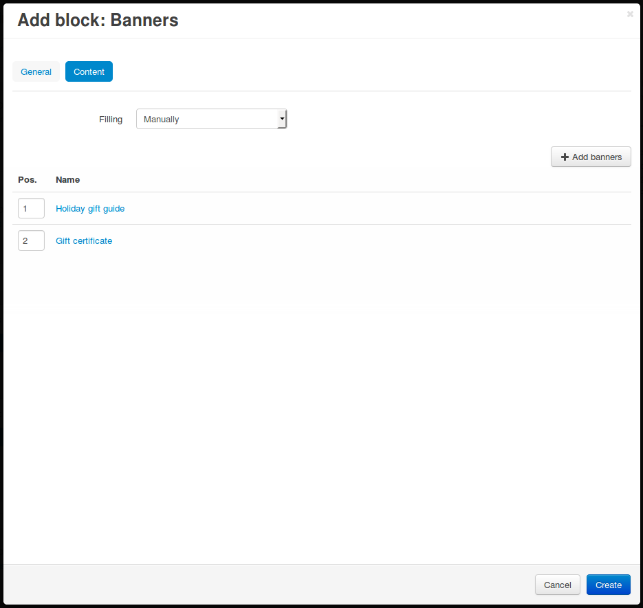 Creating a block for banners: the Content tab.