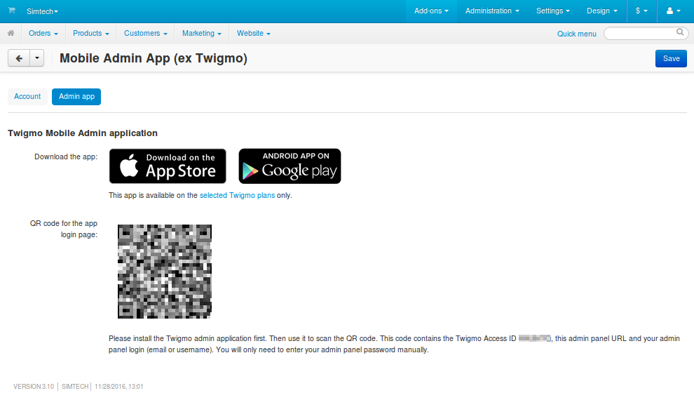 The "Admin app" tab contains QR codes and links to get the app.