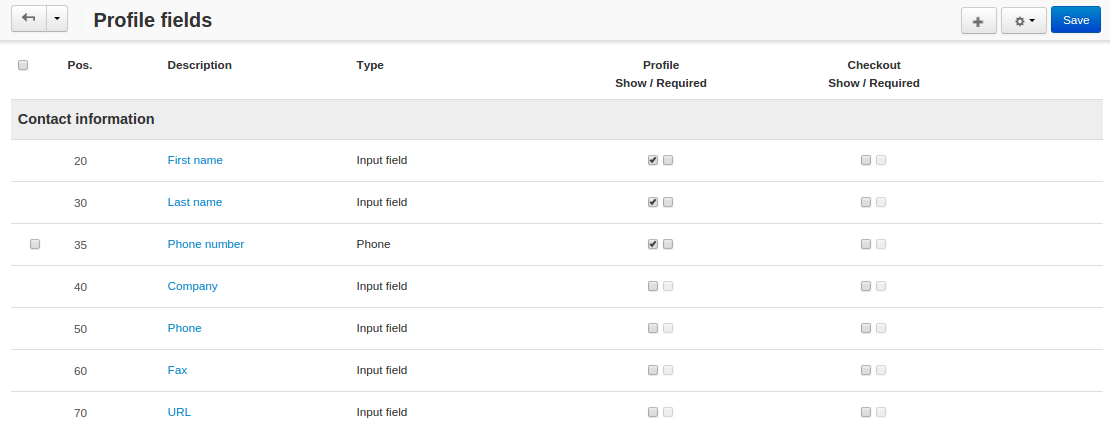 Specify where you want to show the profile fields and whether customers must fill them in.