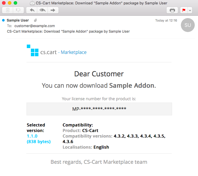 An email from the Marketplace includes add-on license number, download links and compatibility information.