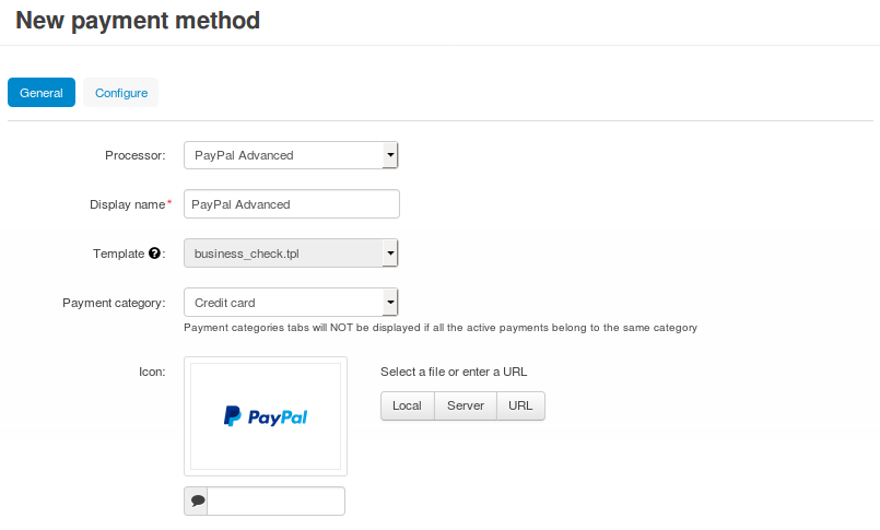 Creating a new PayPal Advanced payment method.