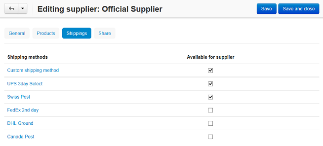 Tick the checkboxes to enable the corresponding shipping methods for the selected supplier.
