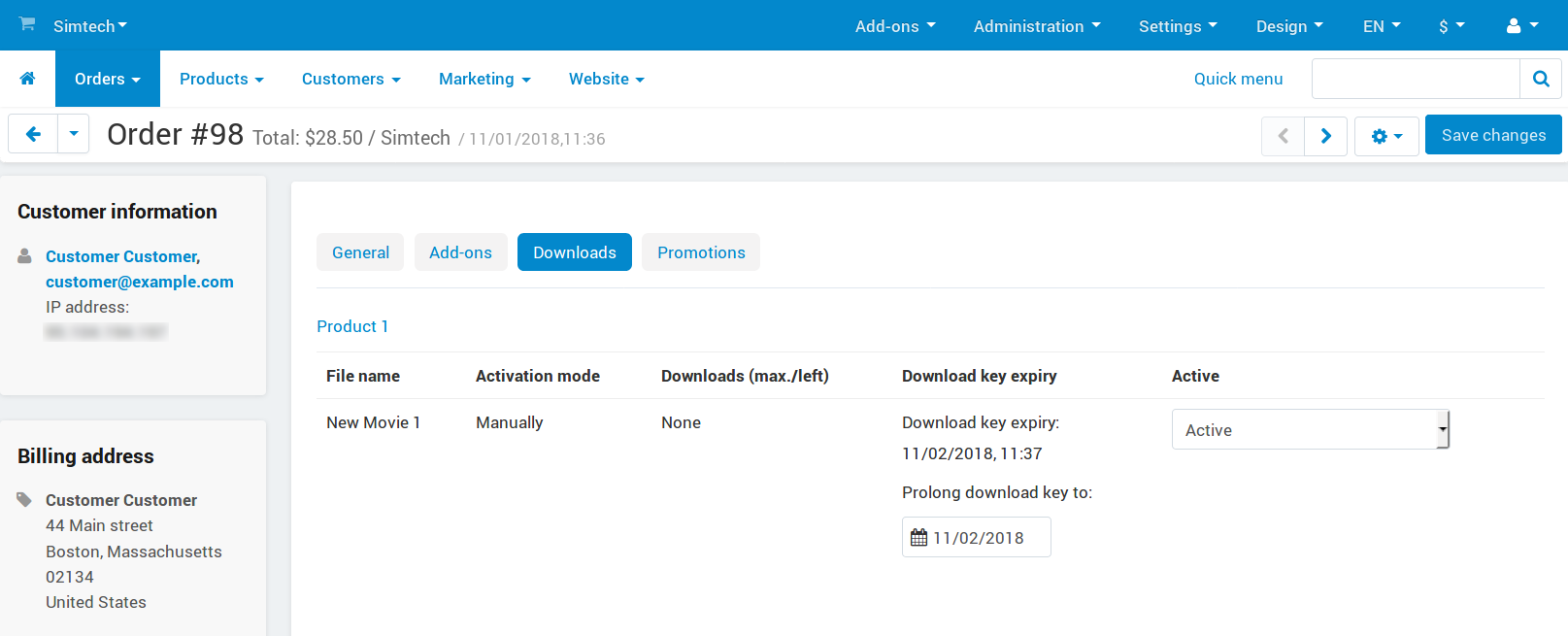 Downloadable files among other order information in the admin panel.
