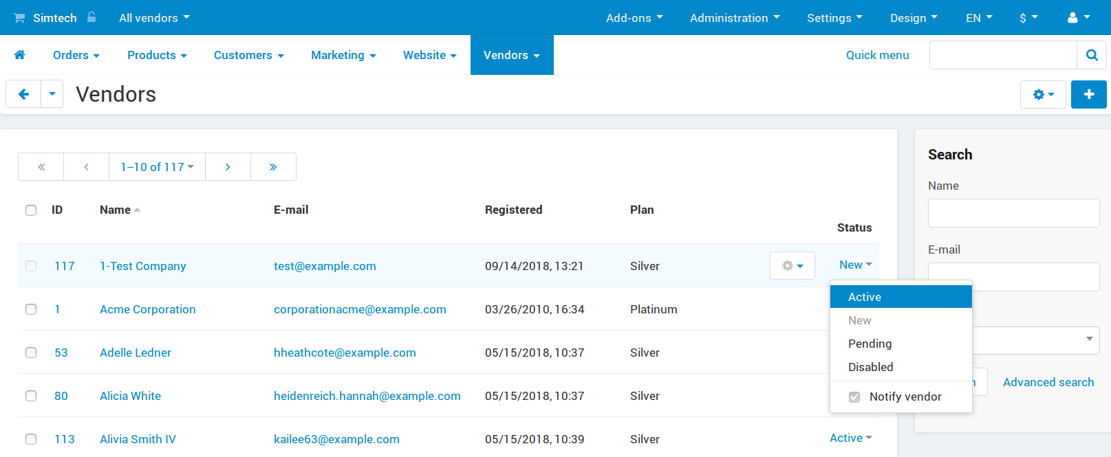 Find the vendor account you want to activate and change its status to Pending or Active.