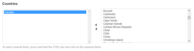 The "Countries" section of the location editing page in CS-Cart and Multi-Vendor.
