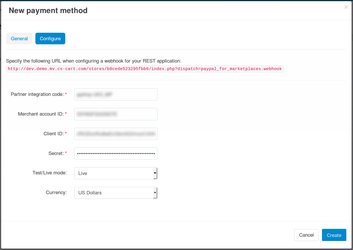 The technical settings of a PayPal for Marketplaces payment method.
