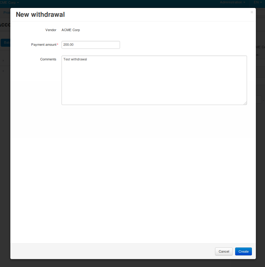 Fill in the fields in the withdrawal creation pop-up.