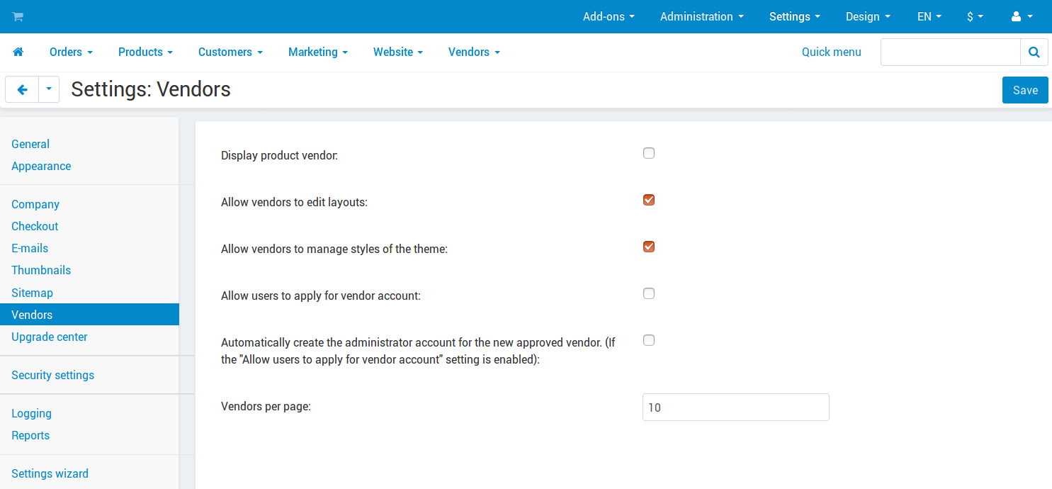 Go to Settings → Vendors to determine whether or not vendors should be able to edit layouts and styles.